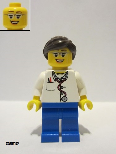 lego 2016 mini figurine game012 Doctor Lab Coat Stethoscope and Thermometer, Blue Legs, Dark Brown Ponytail and Swept Sideways Fringe, Glasses and Smile 