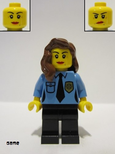 lego 2016 mini figurine game013 Police Female Officer, Black Legs, Reddish Brown Hair Mid-Length with Part over Right Shoulder, Crow's Feet and Beauty Mark 
