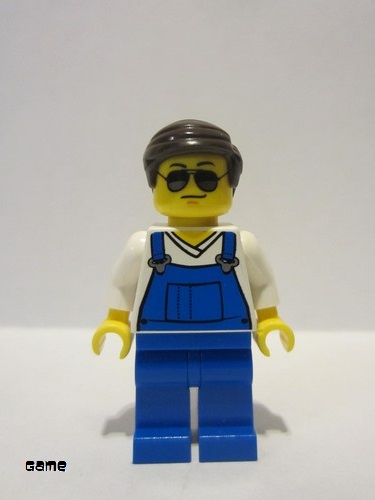 lego 2016 mini figurine game016 Citizen Overalls Blue over V-Neck Shirt, Blue Legs, Dark Brown Smooth Hair, Black and Silver Sunglasses, Black Eyebrows 