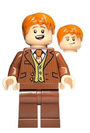 lego 2023 mini figurine hp433 Fred Weasley Reddish Brown Suit, Dark Orange Tie, Grin / Smiling 