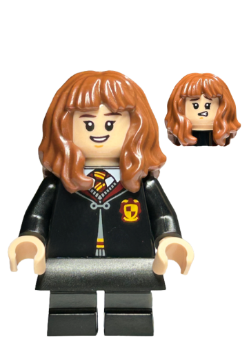 lego 2023 mini figurine hp439 Hermione Granger Gryffindor Robe Clasped, Black Skirt, Black Short Legs with Dark Bluish Gray Stripes, Open Mouth Smile / Confused 