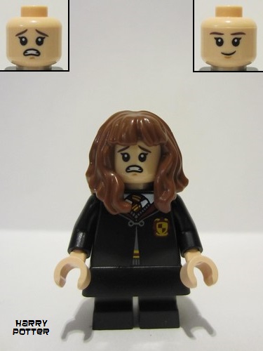 lego 2024 mini figurine hp468 Hermione Granger Gryffindor Robe Clasped, Black Skirt, Black Short Legs with Dark Bluish Gray Stripes, Open Mouth Scared / Closed Mouth Grin 
