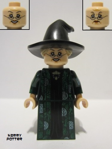 lego 2024 mini figurine hp473 Professor Minerva McGonagall Dark Green Robe over Black Dress, Hat with Hair, Printed Arms 
