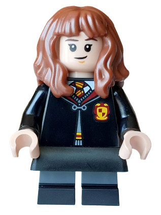 lego 2026 mini figurine hp617 Hermione Granger Gryffindor Robe Clasped, Black Skirt, Black Short Legs with Dark Bluish Gray Stripes, Grin / Cat Face 