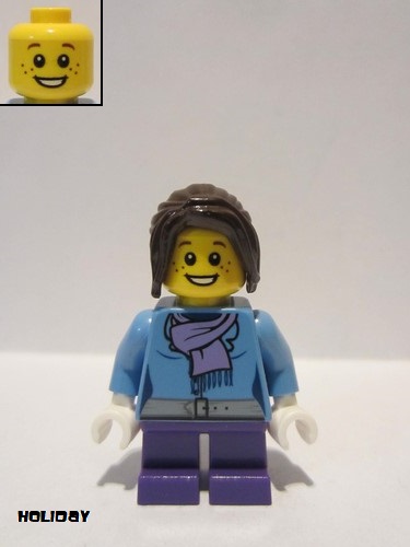 lego 2012 mini figurine hol026 Citizen Medium Blue Jacket with Light Purple Scarf, Dark Purple Short Legs, Dark Brown Hair Ponytail Long with Side Bangs 