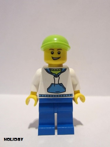 lego 2013 mini figurine hol016 Citizen White Hoodie with Blue Pockets, Blue Legs, Lime Short Bill Cap 