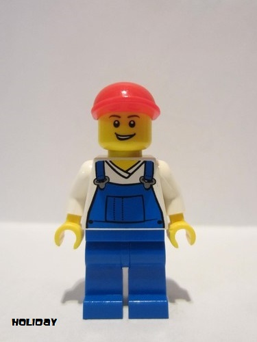 lego 2013 mini figurine hol019 Citizen Overalls Blue over V-Neck Shirt, Blue Legs, Red Short Bill Cap, Open Grin 