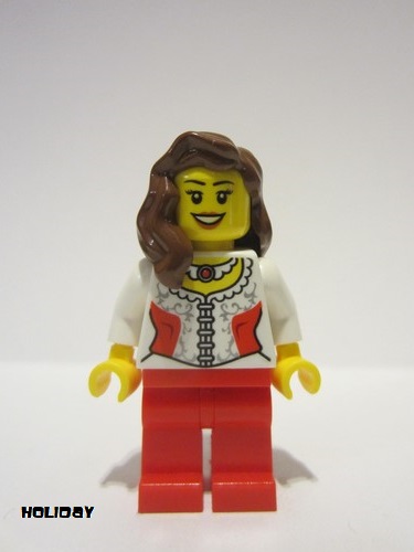 lego 2013 mini figurine hol022 Citizen White Lace Blouse with Red Side Panels and Ruby Necklace, Red Legs, Reddish Brown Female Hair over Shoulder, Black Eyebrows 