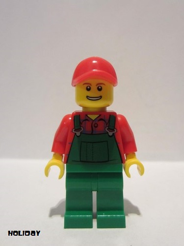 lego 2013 mini figurine hol028 Farmer Overalls Farmer Green, Red Cap with Hole, Open Grin 