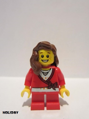 lego 2013 mini figurine hol031 Citizen Sweater Cropped with Bow, Heart Necklace, Red Short Legs, Reddish Brown Female Hair over Shoulder 
