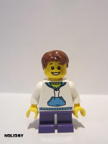 lego 2014 mini figurine hol035 Citizen White Hoodie with Blue Pockets, Dark Purple Short Legs, Reddish Brown Hair 