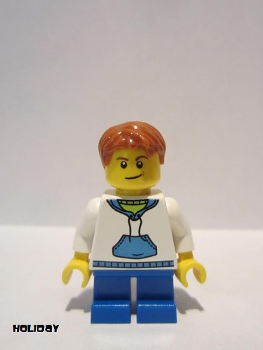 lego 2014 mini figurine hol037a Citizen White Hoodie with Blue Pockets, Blue Short Legs, Dark Orange Hair, Crooked Smile with Brown Dimple 