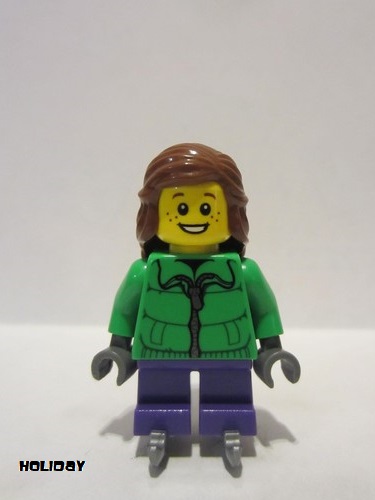 lego 2014 mini figurine hol039 Citizen Winter Jacket Zipper, Dark Purple Short Legs, Reddish Brown Female Hair Mid-Length, Ice Skates 