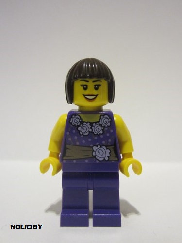 lego 2015 mini figurine hol053 Citizen Female Dark Purple Blouse with Gold Sash and Flowers, Dark Purple Legs, Dark Brown Bob Cut Hair 