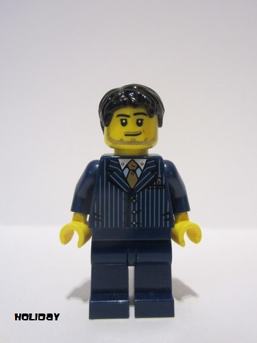 lego 2015 mini figurine hol054 Businessman Businessman Pinstripe Jacket and Gold Tie, Dark Blue Legs, Black Short Tousled Hair, Lopsided Smile, Stubble Beard 