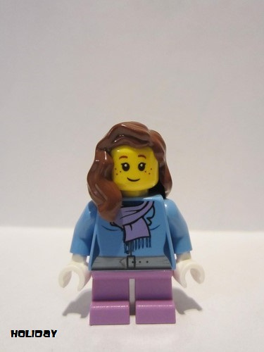 lego 2015 mini figurine hol059 Citizen Medium Blue Jacket with Light Purple Scarf, Medium Lavender Short Legs, Reddish Brown Female Hair over Shoulder 
