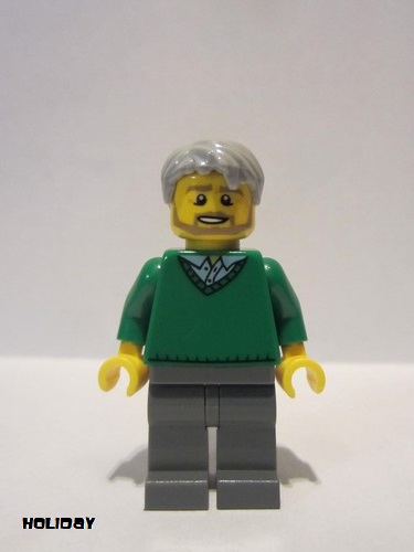 lego 2015 mini figurine hol071 Thanksgiving Pop Green V-Neck Sweater, Dark Bluish Gray Legs, Light Bluish Gray Short Tousled Hair, Beard 