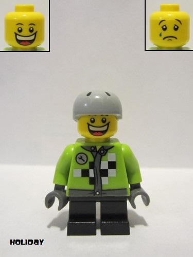 lego 2015 mini figurine hol073 Citizen Lime Jacket with Wrench and Black and White Checkered Pattern, Short Black Legs, Sports Helmet with Vent Holes 