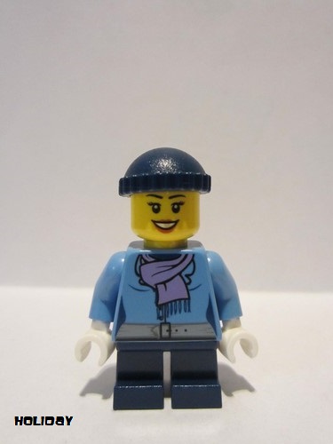 lego 2015 mini figurine hol074 Citizen Medium Blue Jacket with Light Purple Scarf, Dark Blue Short Legs, Dark Blue Knit Cap 