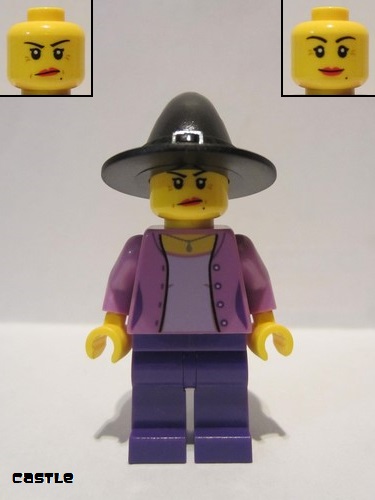 lego 2016 mini figurine hol283 Woman Medium Lavender Jacket with Necklace, Dark Purple Legs, Black Witch Hat 
