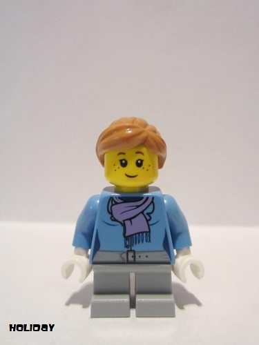 lego 2017 mini figurine hol099 Citizen Medium Blue Jacket with Light Purple Scarf, Light Bluish Gray Short Legs, Freckles 