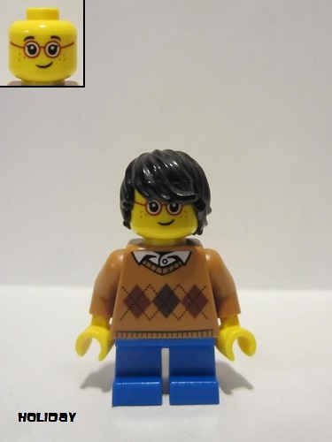 lego 2017 mini figurine hol104 Boy Medium Nougat Argyle Sweater, Short Blue Legs, Black Hair, Glasses 