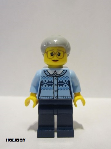 lego 2017 mini figurine hol106 Grandmother Fair Isle Sweater, Light Bluish Gray Hair with Top Knot Bun, Dark Blue Legs, Glasses 