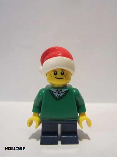 lego 2017 mini figurine hol112 Boy Green V-Neck Sweater, Dark Blue Short Legs, Santa Hat 