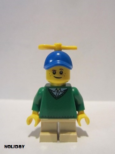 lego 2019 mini figurine hol163 Boy Freckles, Green Sweater, Tan Short Legs, Blue Cap with Tiny Yellow Propeller 