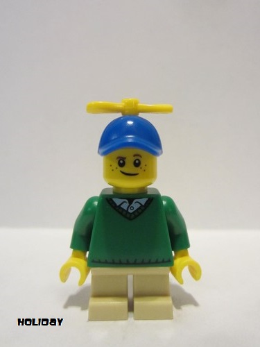lego 2019 mini figurine hol163a Boy Freckles, Green Sweater V-Neck over Button Down Shirt Collar with 1 Button, Tan Short Legs, Blue Cap with Tiny Yellow Propeller 