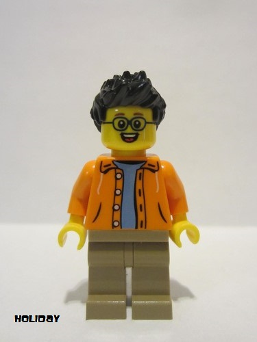 lego 2020 mini figurine hol185 Man Black Spiky Hair, Glasses, Orange Jacket, Sand Blue Shirt, Dark Tan Legs 