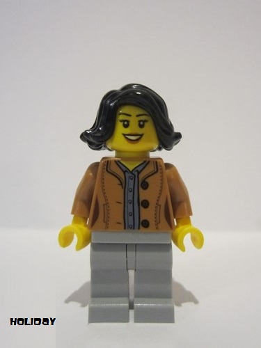 lego 2020 mini figurine hol188 Woman Black Hair, Medium Nougat Jacket, Dark Bluish Gray Shirt, Light Bluish Gray Legs 