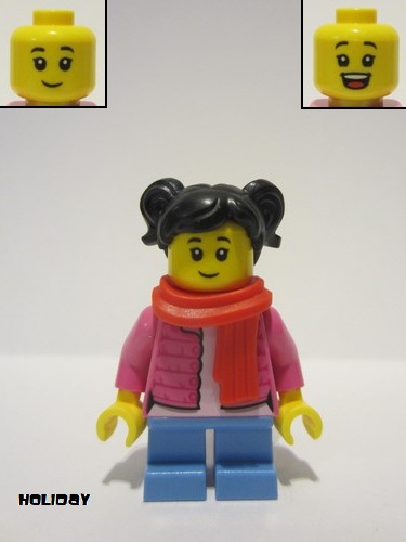 lego 2020 mini figurine hol189 Child Girl Black Hair, Red Scarf, Dark Pink Puffy Jacket, White Shirt, Medium Blue Short Legs 