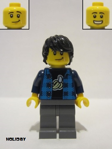 lego 2020 mini figurine hol190 Man Black Hair, Dark Azure Plaid Vest, Dark Blue Banana Shirt, Dark Bluish Gray Legs 