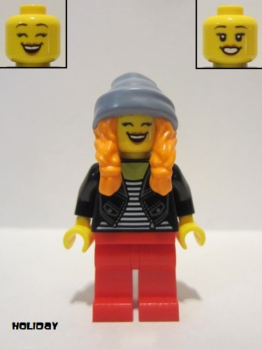 lego 2020 mini figurine hol191 Woman Sand Blue Stocking Cap, Orange Ponytails, Black Jacket, Striped Shirt, Red Legs 