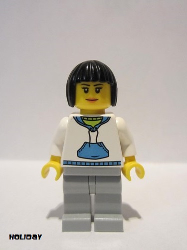 lego 2020 mini figurine hol193 Woman Black Hair, White Hoodie with Medium Blue Pouch and Hood, Light Bluish Gray Legs 