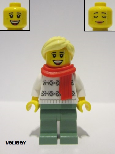 lego 2020 mini figurine hol216 Citizen White Turtleneck Sweater, Sand Green Legs, Bright Light Yellow Hair, Red Scarf 
