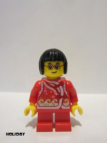 lego 2021 mini figurine hol222 Child Girl Red Shirt with Bows and Flowers, Red Short Legs, Black Short Hair, Glasses 