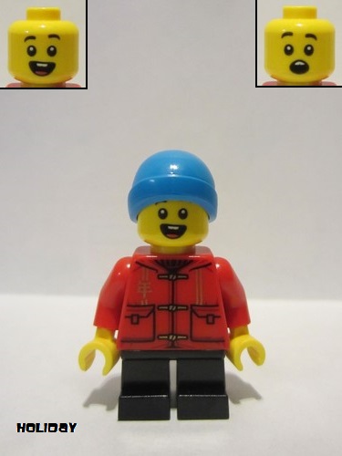 lego 2021 mini figurine hol223 Child Boy Red Shirt, Black Short Legs, Dark Azure Beanie 