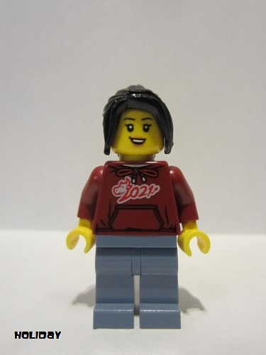 lego 2021 mini figurine hol229 Woman Dark Red '2021' Shirt, Sand Blue Legs, Long Black Hair 
