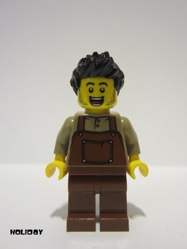 lego 2022 mini figurine hol260 Man Black Spiky Hair, Dark Tan Shirt, Reddish Brown Overalls and Legs 
