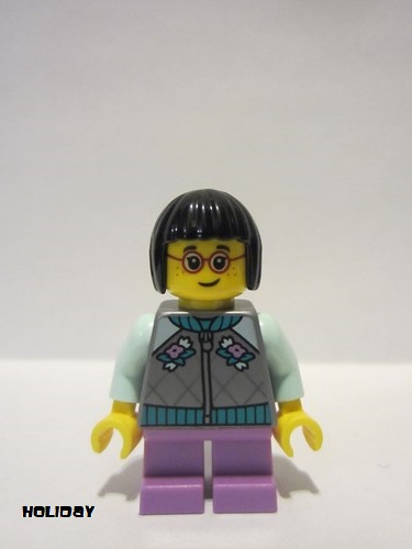 lego 2022 mini figurine hol262 Child Girl Flat Silver Jacket, Medium Lavender Short Legs, Black Short Hair, Glasses 