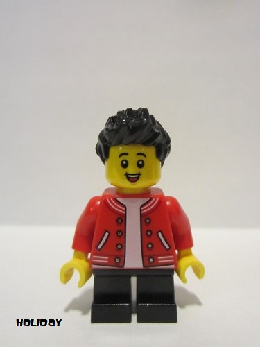 lego 2022 mini figurine hol265 Child Boy Red Jacket over White Shirt, Black Short Legs, Black Hair 