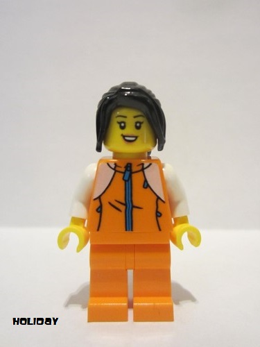 lego 2022 mini figurine hol266 Woman Orange Track Suit, Long Black Hair 