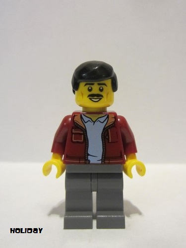 lego 2022 mini figurine hol271 Man Black Hair, Mustache, Dark Red Jacket over Medium Blue Shirt, Dark Bluish Gray Legs 