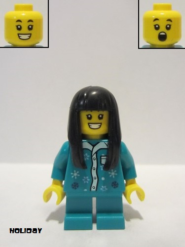 lego 2022 mini figurine hol272 Child Girl Dark Turquoise Pajamas, Long Black Hair, Short Legs 