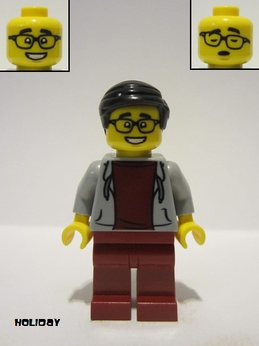 lego 2022 mini figurine hol274 Man Black Hair, Glasses, Light Bluish Gray Hoodie, Dark Red Shirt and Legs 