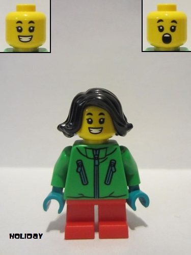 lego 2022 mini figurine hol275 Child Girl Bright Green Jacket, Black Hair, Red Short Legs 
