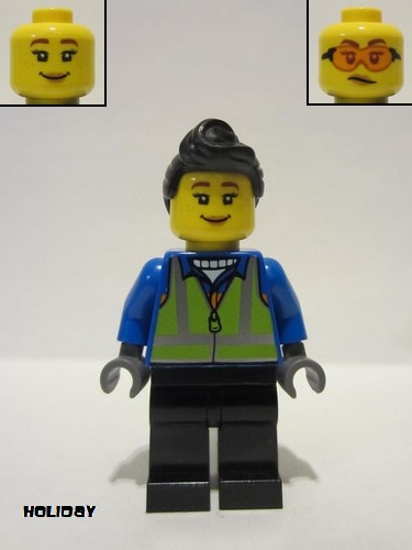 lego 2022 mini figurine hol279 Woman Black Hair, Blue Coat, Lime Safety Vest, Black Legs 
