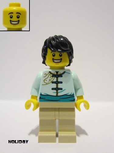 lego 2023 mini figurine hol305 Man Light Aqua Tang Jacket, Tan Legs, Black Hair 